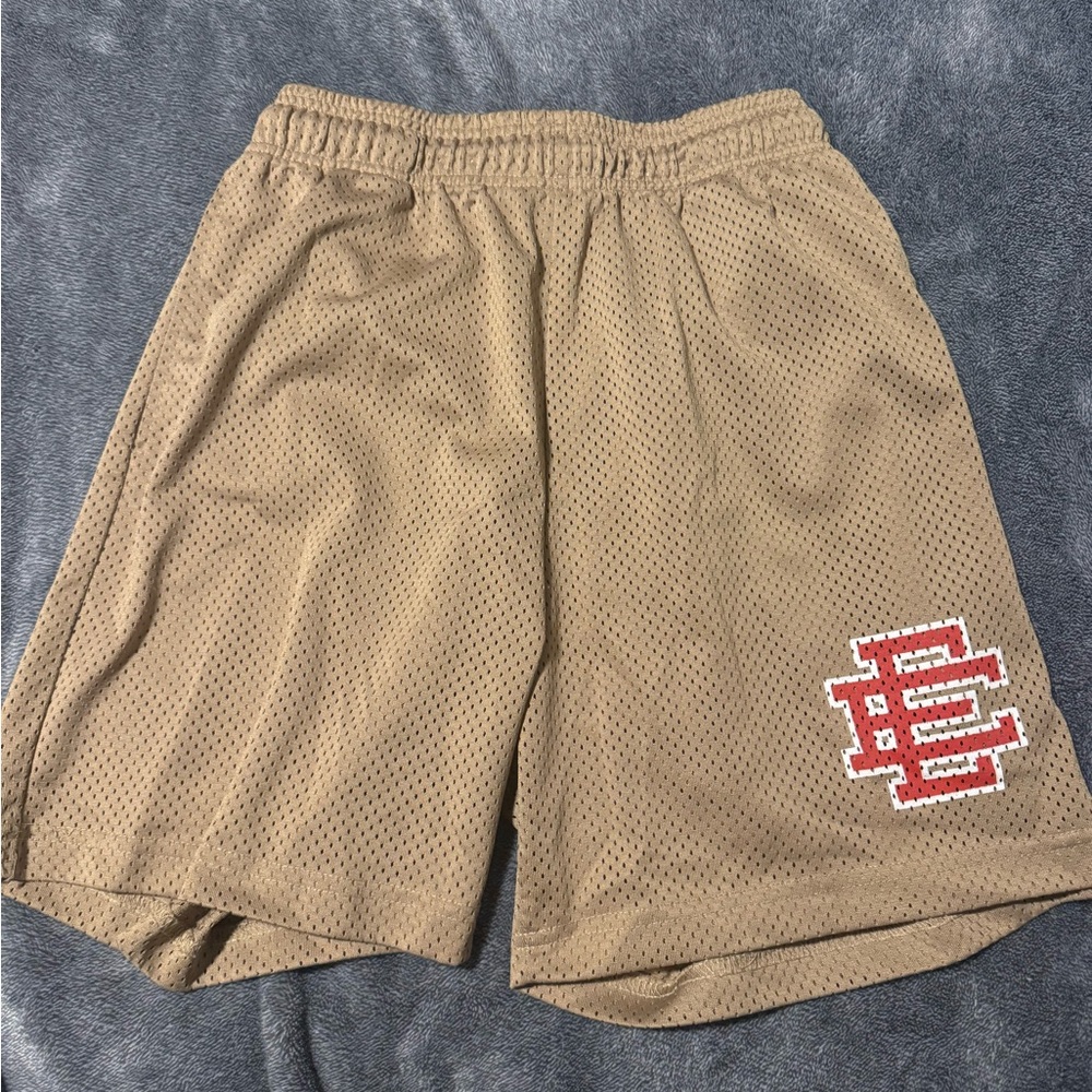 Eric Emmanuel Medium Men's Mesh Athletic Shorts in Khaki with Red Logo